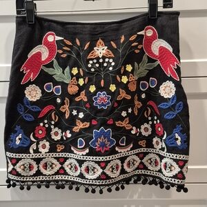 Embroidered Black Skirt with Colorful Floral Design. Size S